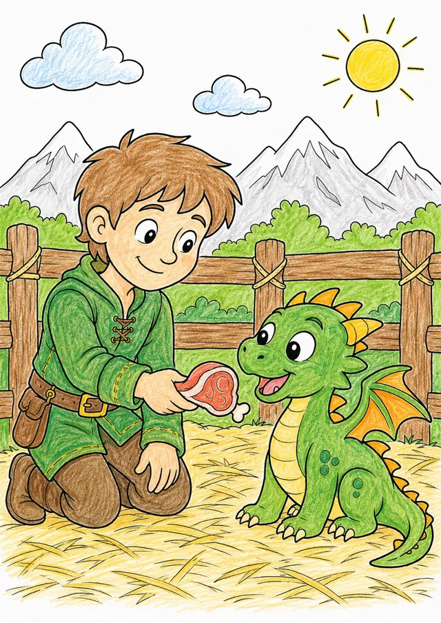 Ausmalbild Drachenzähmer füttert kleinen Baby-Drachen auf Waldlichtung