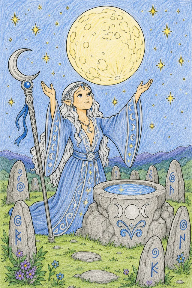 Ausmalbild Mondpriesterin am Steinaltar mit Vollmond, Menhir-Kreis und leuchtenden Runen