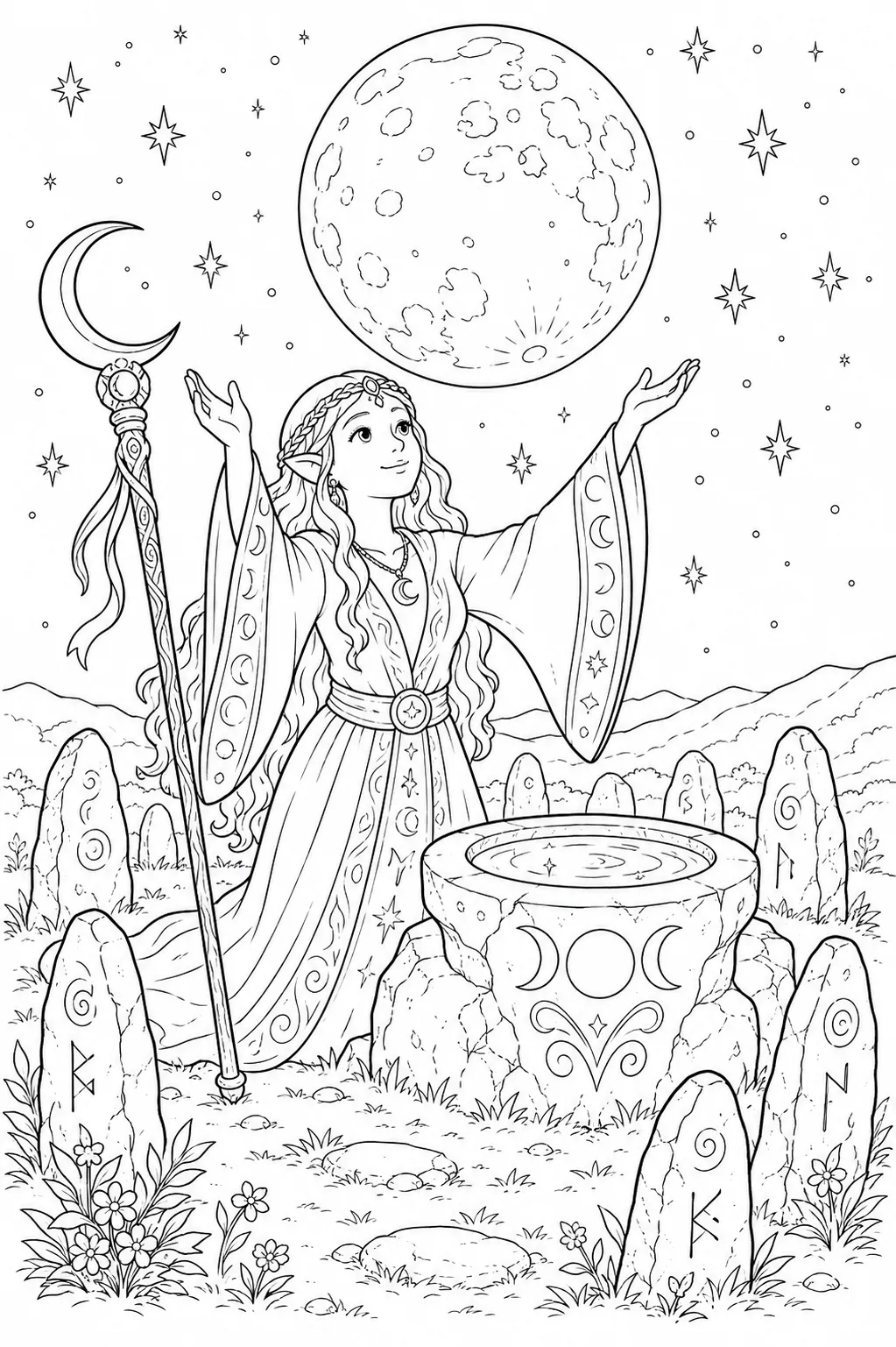Ausmalbild Mondpriesterin am Steinaltar mit Vollmond, Menhir-Kreis und leuchtenden Runen