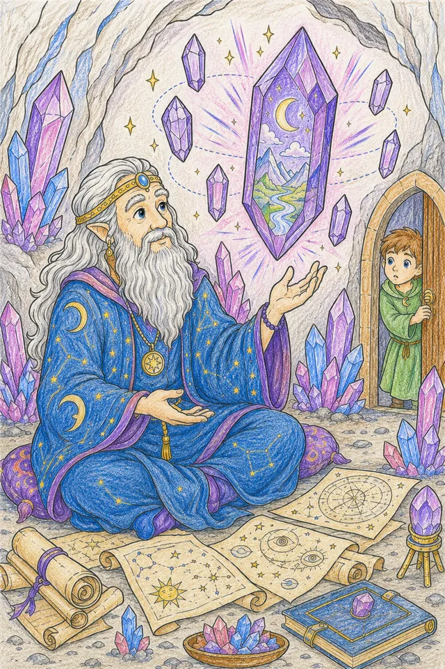 Ausmalbild Kristallseher kommuniziert mit schwebendem Amethyst in schimmernder Kristallhöhle