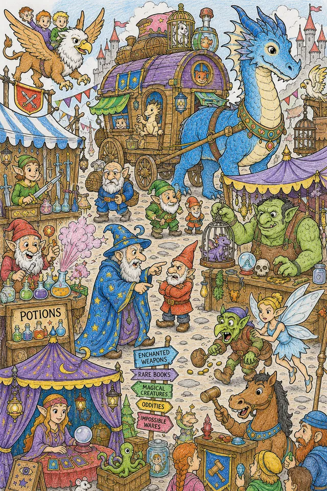 Wimmelbild Ausmalbild fantastischer Markt mit drachengezogener Karawane, Elfen, Zwergen und Magie