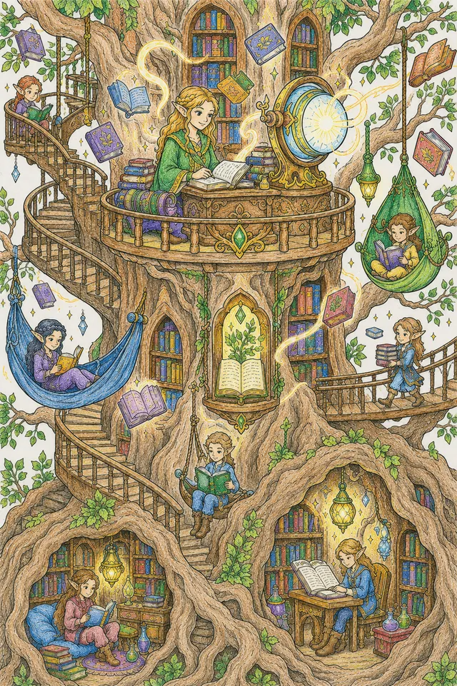 Ausmalbild Elfen-Bibliothek in lebendem Baum mit Hunderten schwebenden Büchern und Wendeltreppe