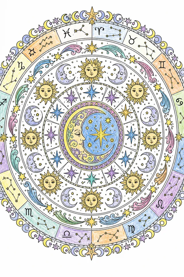 Mandala Ausmalbild mit Mondsichel, Sternringen, Sonnen-Mond-Gesichtern und Sternbildumrissen