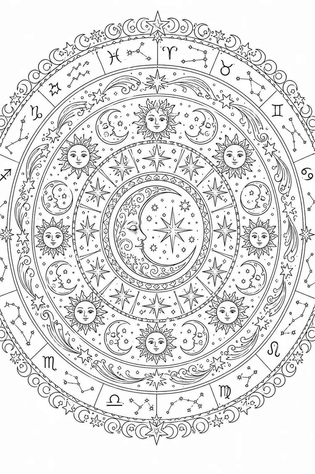 Mandala Ausmalbild mit Mondsichel, Sternringen, Sonnen-Mond-Gesichtern und Sternbildumrissen