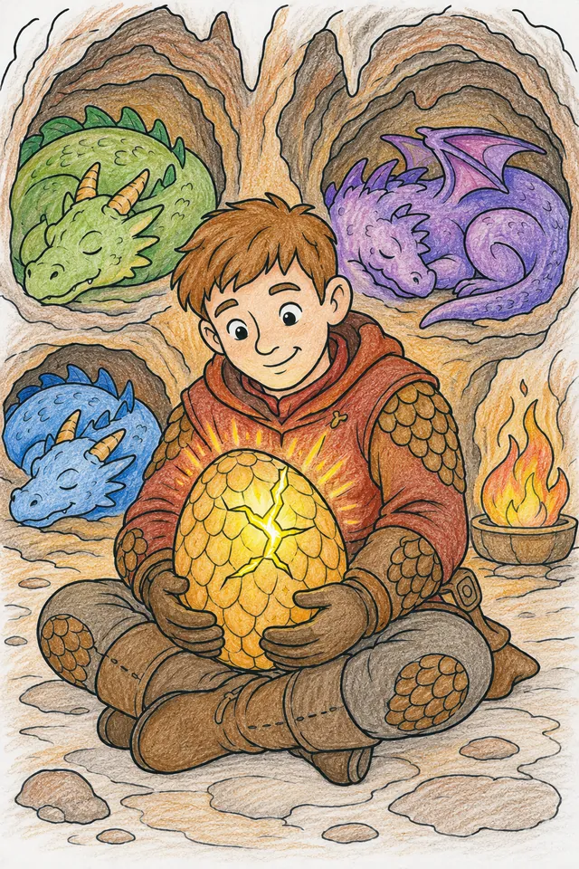 Ausmalbild Drachenhüter hält leuchtendes Drachenei in warmer Höhle, schlafende Drachen im Hintergrund