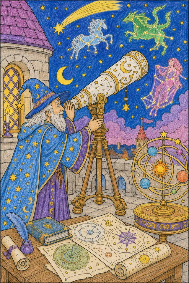 Ausmalbild Sterndeuter-Magier blickt durch Zauber-Teleskop, Orrery und Sternzeichen-Karten auf Tisch