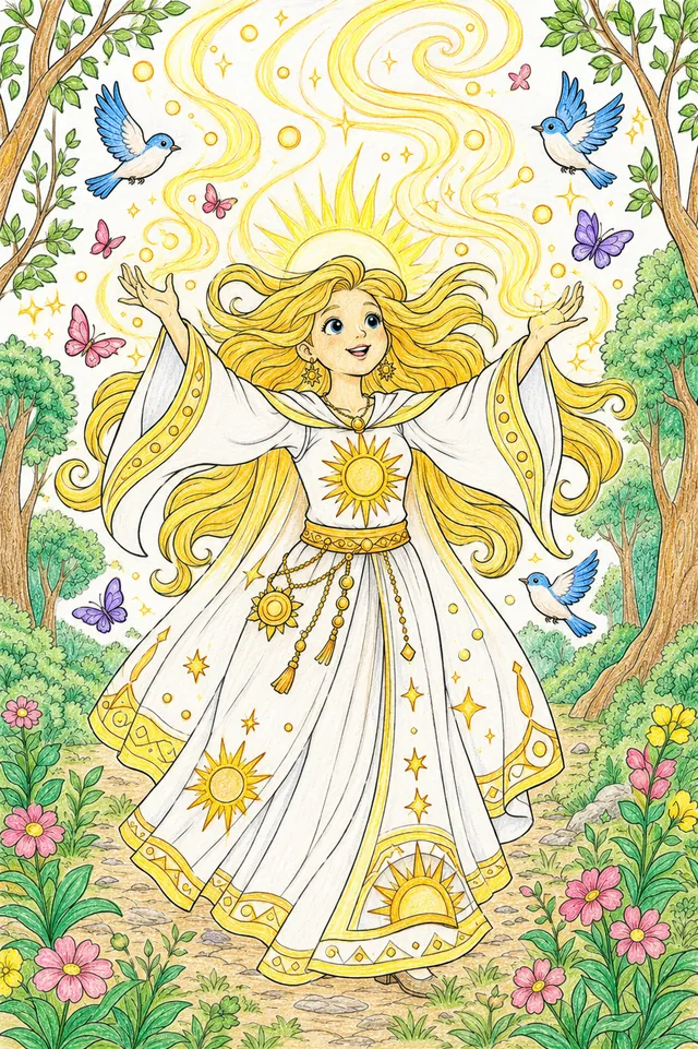 Ausmalbild Kristall-Alchemistin in Kristalllabor mit Retorte, Prismen und leuchtenden Reagenzien