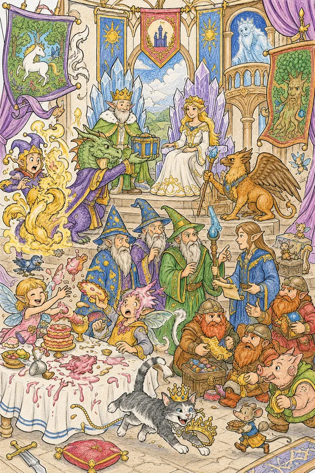 Wimmelbild Ausmalbild magischer Königshof mit Drachen-Botschafter, Elfen, Zwergen und Feenkönigspaar