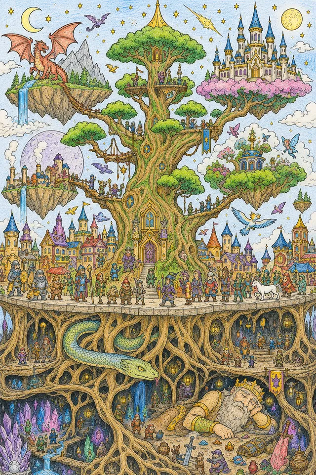 Ausmalbild Weltenbaum-Panorama mit schwebenden Inseln für Drachen, Elfen, Zwerge und Feen