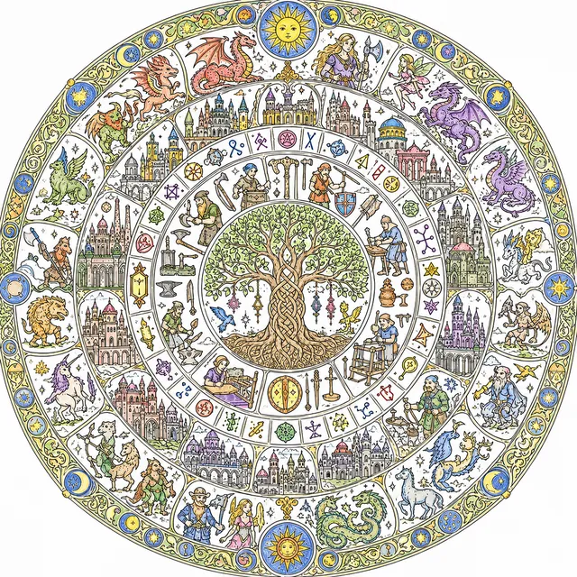 Mandala Ausmalbild Weltenbaum mit allen Reihenthemen: historische Werkzeuge, Runen, Drachen, Elfen, Sternbilder