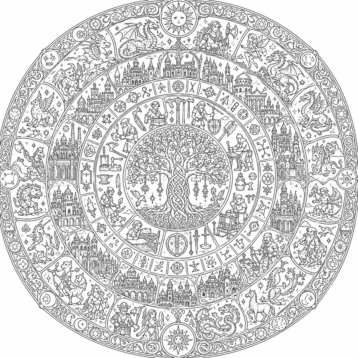 Mandala Ausmalbild Weltenbaum mit allen Reihenthemen: historische Werkzeuge, Runen, Drachen, Elfen, Sternbilder