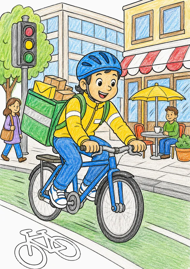Ausmalbild Fahrradkurier mit Liefertasche auf belebter Stadtstraße mit Bürogebäude und Café