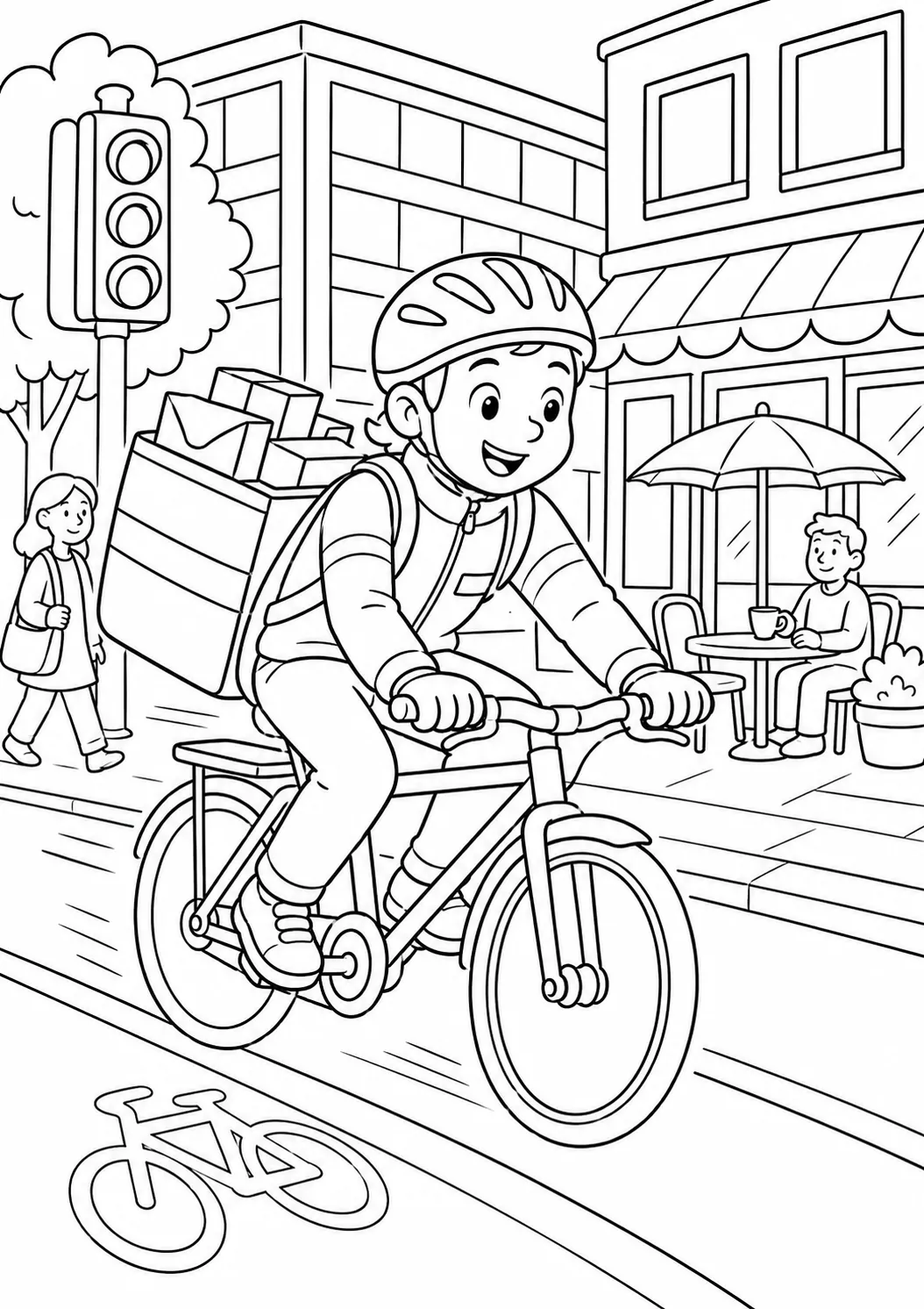 繁忙城市街道上背着快递袋的自行车快递员涂色页，背景是写字楼和咖啡馆