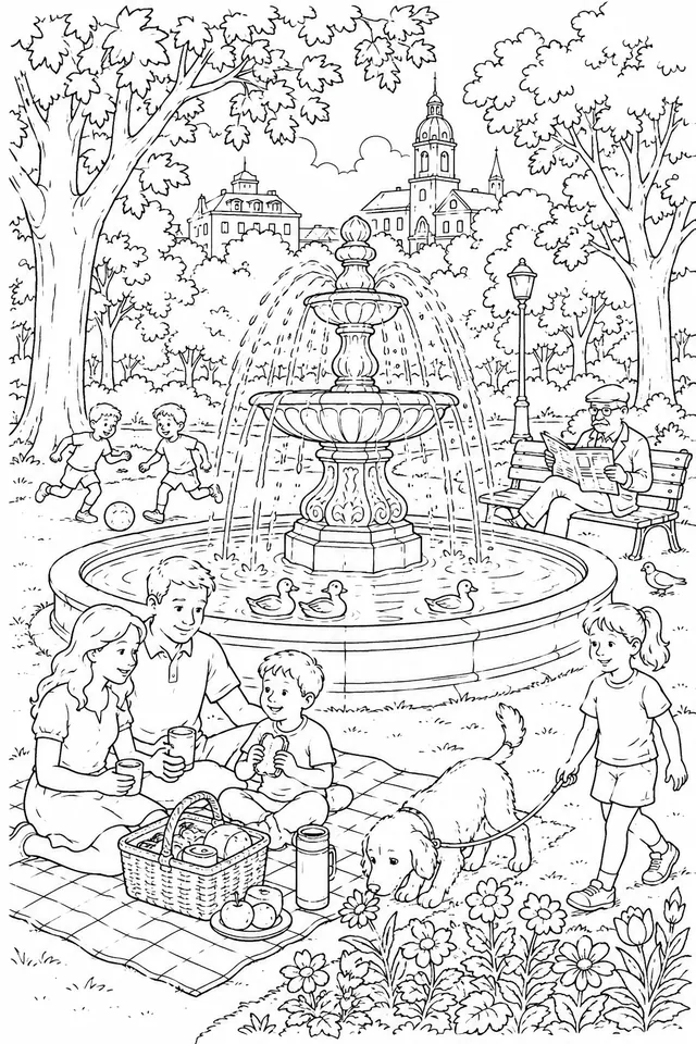 Der Stadtpark mit dem Springbrunnen und Picknick