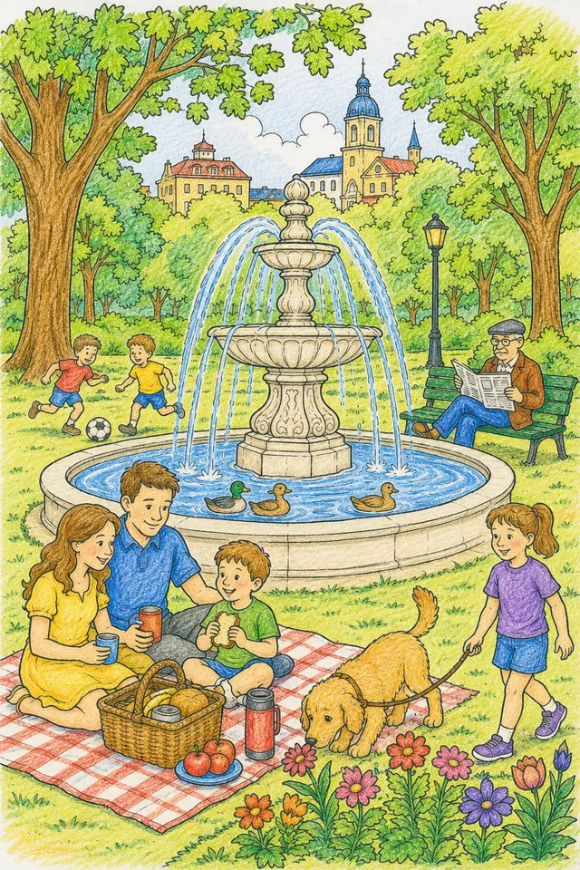 Ausmalbild Stadtpark mit Springbrunnen, Familie beim Picknick, Enten und Platanen