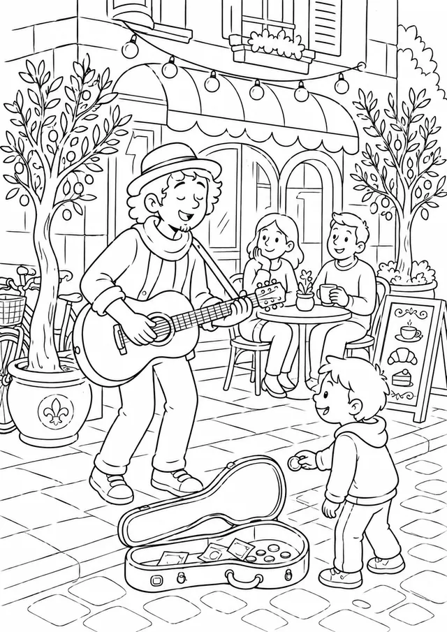Der Straßenmusikant spielt Gitarre vor dem Café