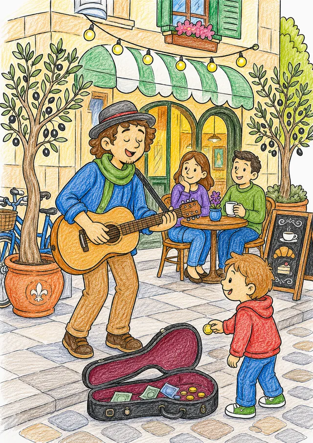 Ausmalbild Straßenmusikant spielt Gitarre vor Café mit Außenbestuhlung, Kind mit Münze