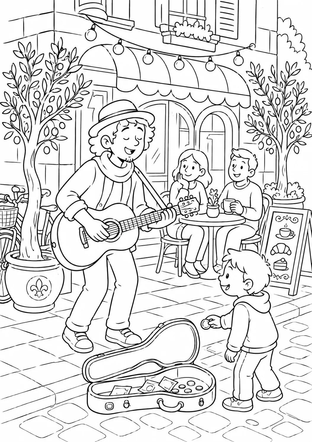 Ausmalbild Straßenmusikant spielt Gitarre vor Café mit Außenbestuhlung, Kind mit Münze