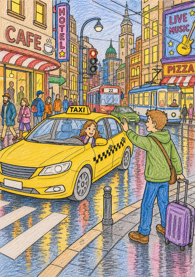 Ausmalbild Taxifahrerin in gelbem Taxi an Stadtkreuzung bei Nacht, Fahrgast mit Koffer winkt