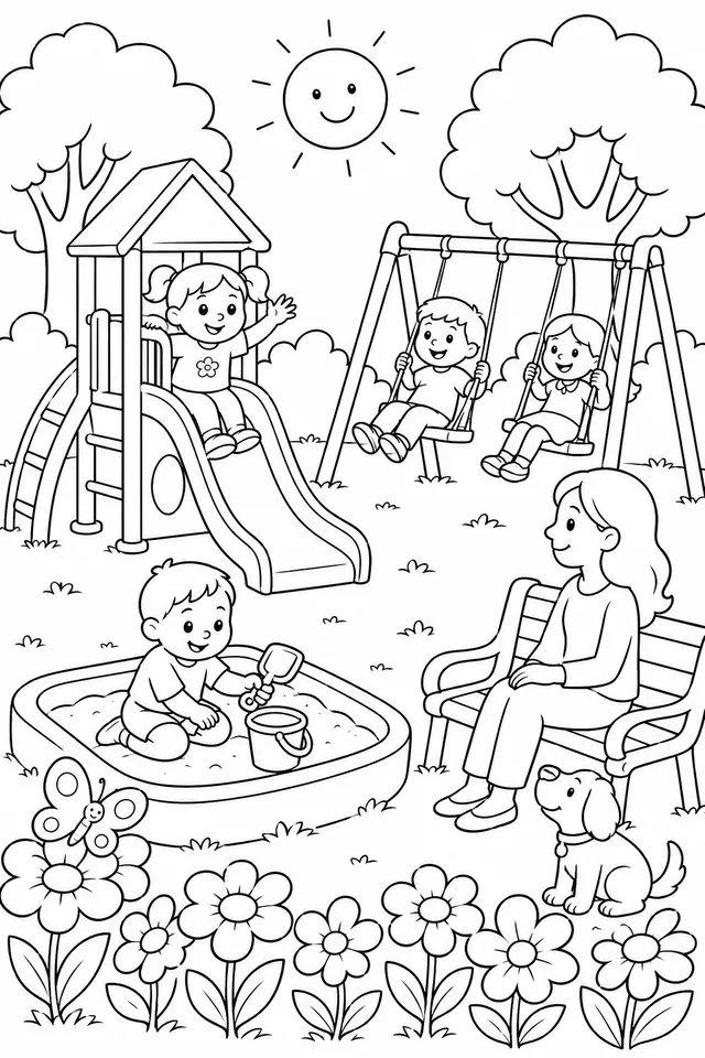 Kinder toben auf dem Spielplatz im Stadtpark