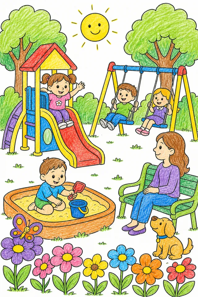 Ausmalbild Stadtpark-Spielplatz mit Kindern an Rutsche, Schaukeln und Sandkasten