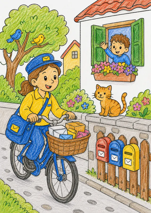 Ausmalbild Postbotin auf Fahrrad mit Briefkorb in Wohnstraße, Katze auf Gartenmauer