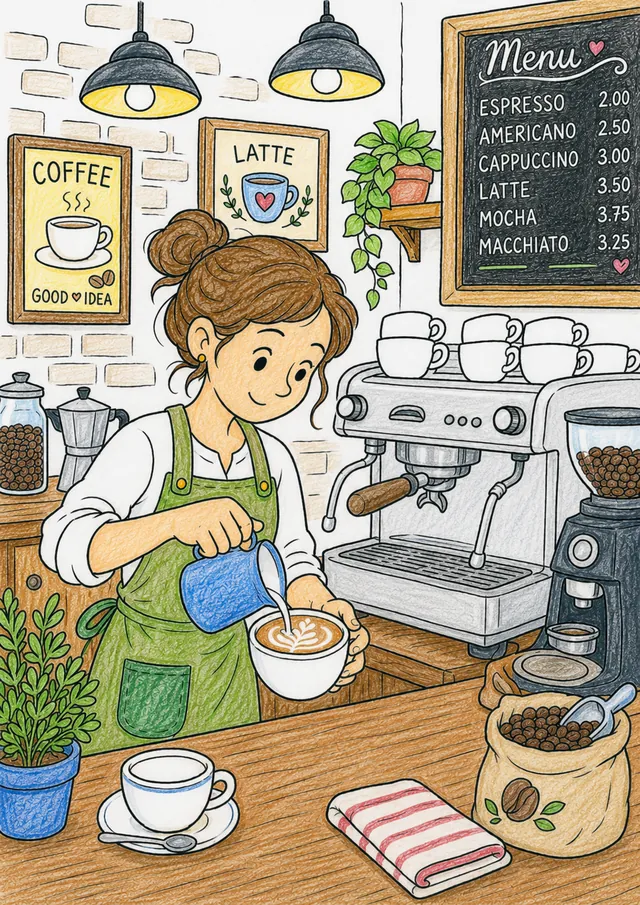 Ausmalbild Barista an Espressomaschine in gemütlichem Café mit Holztheke und Kreidetafel