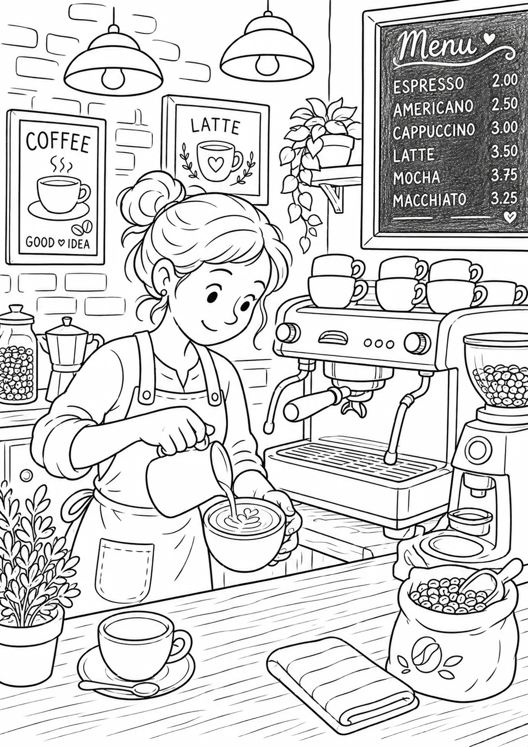 Ausmalbild Barista an Espressomaschine in gemütlichem Café mit Holztheke und Kreidetafel