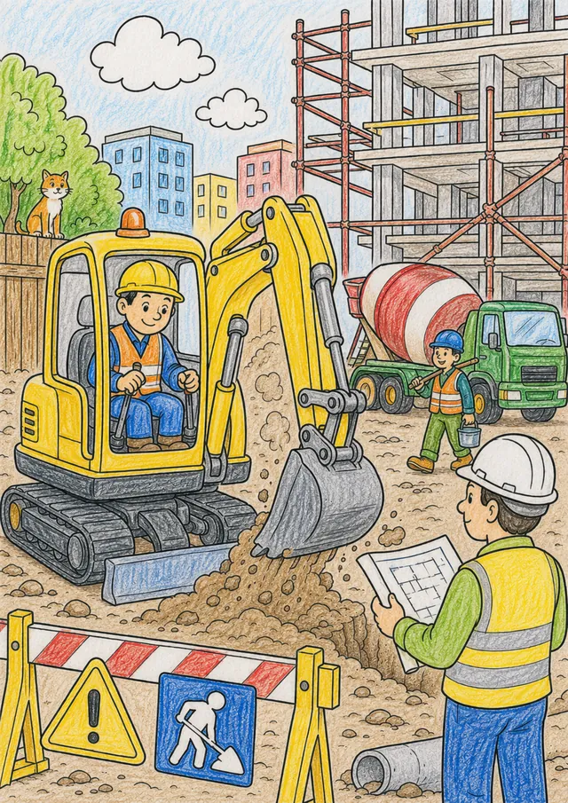 Ausmalbild gelber Bagger auf Stadtbaustelle mit Bauarbeiter, Betonmischer und Gerüst