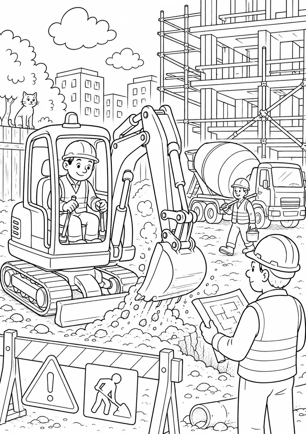 Ausmalbild gelber Bagger auf Stadtbaustelle mit Bauarbeiter, Betonmischer und Gerüst