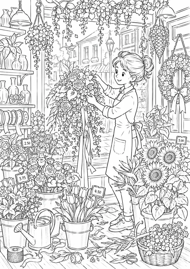 Die Floristin dekoriert das Schaufenster des Blumenladens