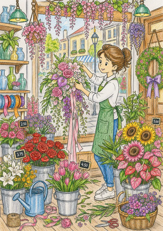 Ausmalbild Floristin dekoriert Blumenladen-Schaufenster mit Rosen, Tulpen und Girlanden