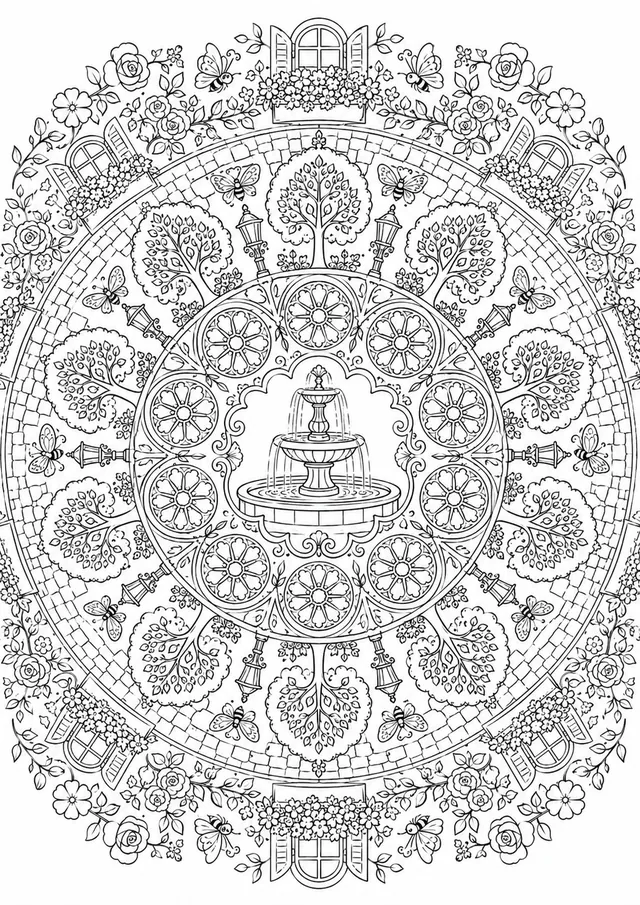 Mandala: Stadtblüten, Brunnen und Parklaternen