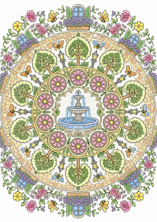 Ausmalbild Mandala mit Brunnenbecken, Stadtblüten, Schmetterlingen und Parklaternen