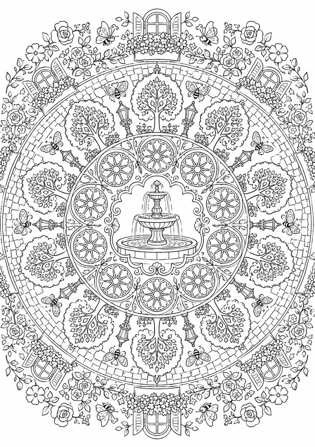 Ausmalbild Mandala mit Brunnenbecken, Stadtblüten, Schmetterlingen und Parklaternen