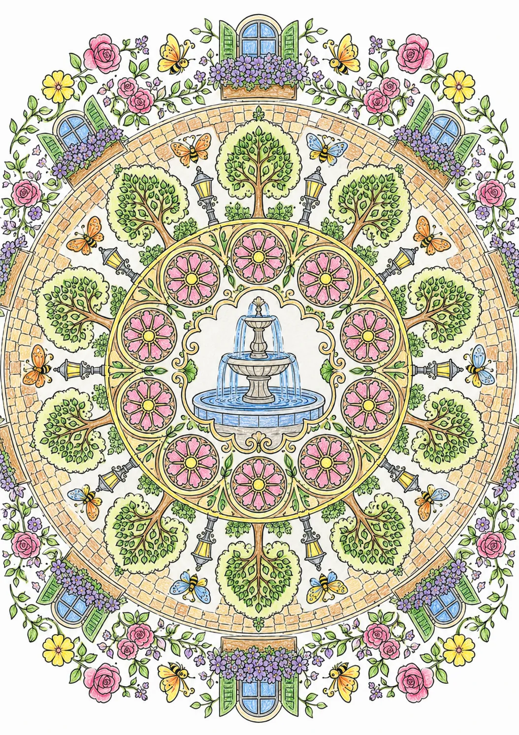 Mandala: Stadtblüten, Brunnen und Parklaternen