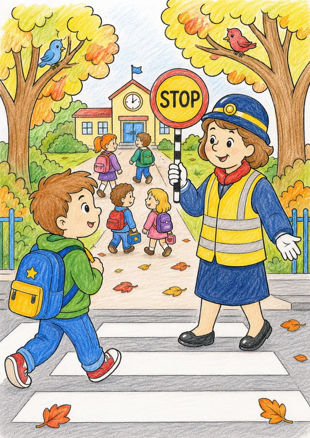 Das Schulkind mit dem bunten Ranzen auf dem Schulweg