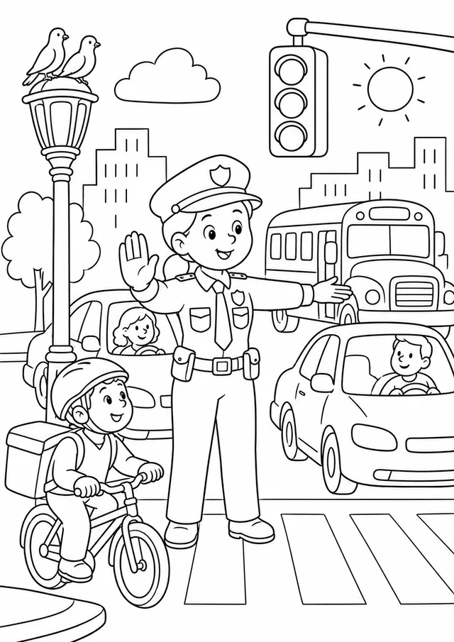 Die Polizistin regelt den Verkehr an der Kreuzung