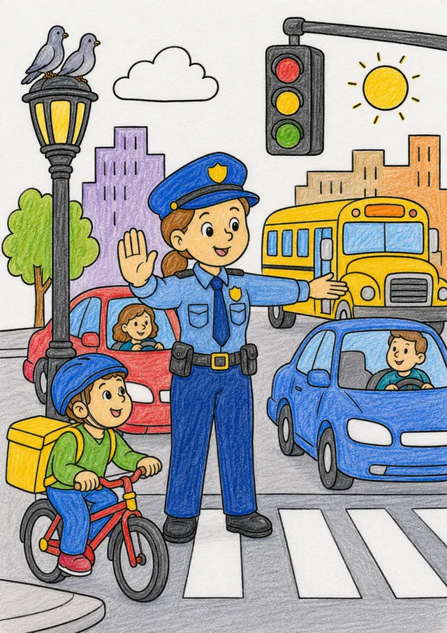 Ausmalbild Polizistin regelt Kreuzungsverkehr mit Handzeichen, Schulbus und Ampeln