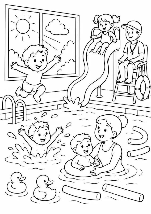 Kinder planschen und schwimmen im Hallenbad