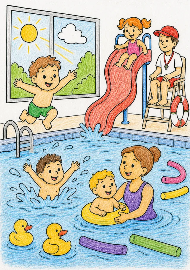 Ausmalbild Kinder im Hallenbad mit Rutsche, Schwimmnudeln, Gummiente und Bademeister