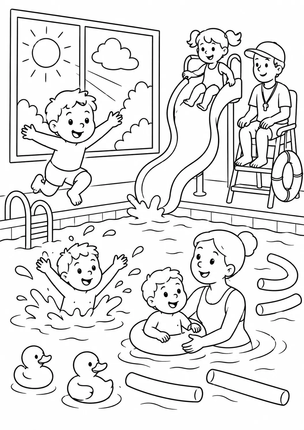 Ausmalbild Kinder im Hallenbad mit Rutsche, Schwimmnudeln, Gummiente und Bademeister