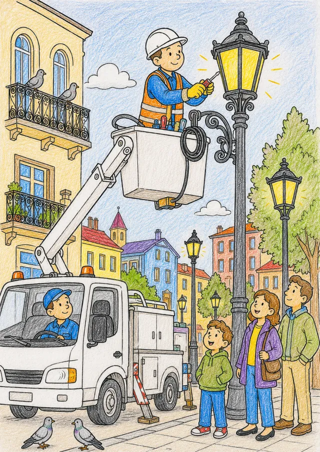 Ausmalbild Elektriker im Hubwagenkorb repariert ornamentierte Straßenlaterne, Fußgänger schauen zu