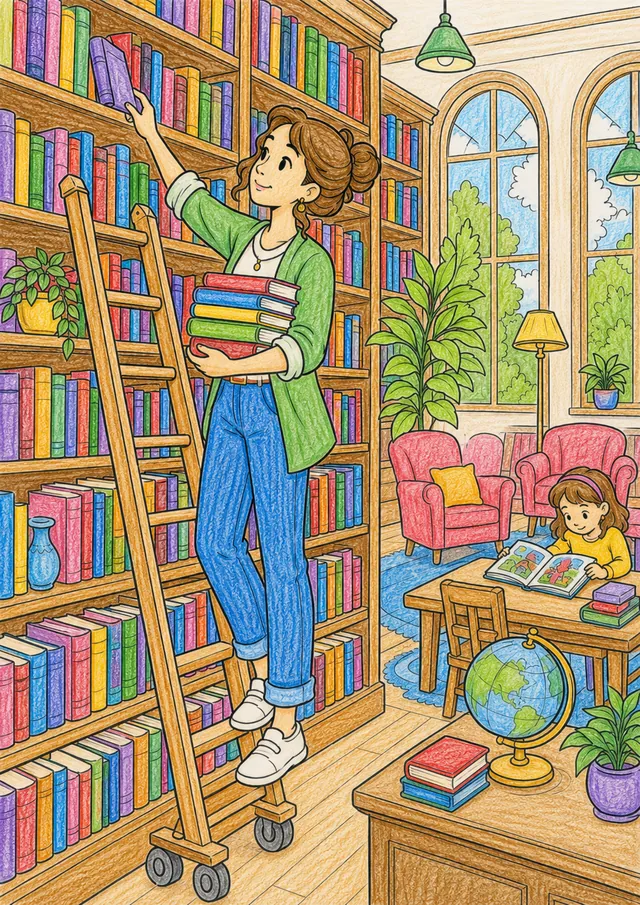 Ausmalbild Bibliothekarin auf Rollleiter sortiert bunte Bücher, Kind liest an Lesetisch