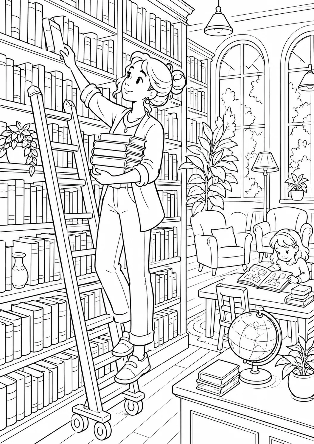 Ausmalbild Bibliothekarin auf Rollleiter sortiert bunte Bücher, Kind liest an Lesetisch