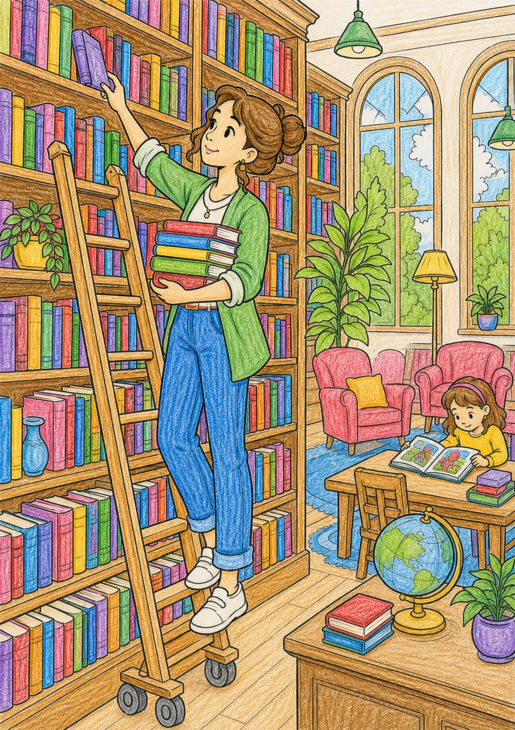 Die Bibliothekarin sortiert Bücher in der Stadtbibliothek