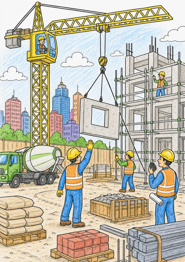 Ausmalbild Turmkran hebt Betonelement auf Großbaustelle mit Gerüst und Bauarbeitern