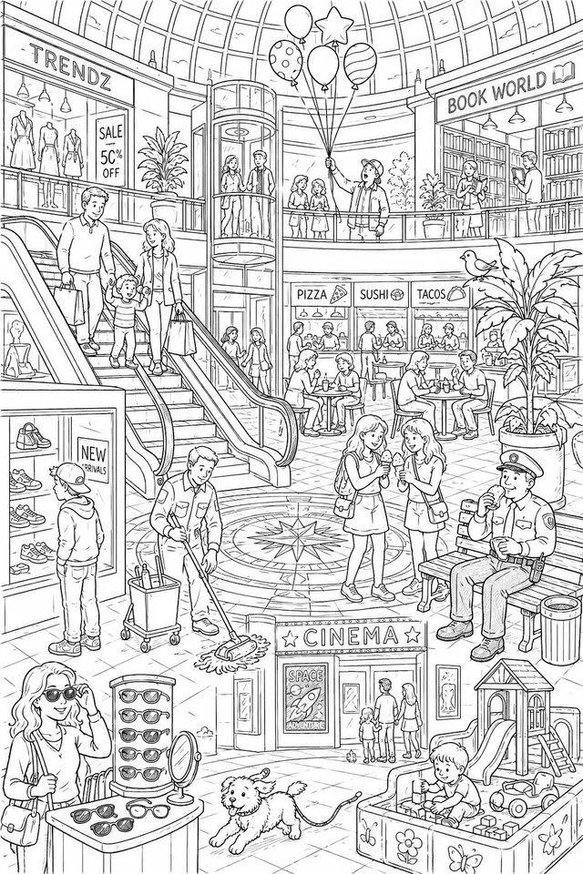 Wimmelbild: Bunter Trubel im Einkaufszentrum