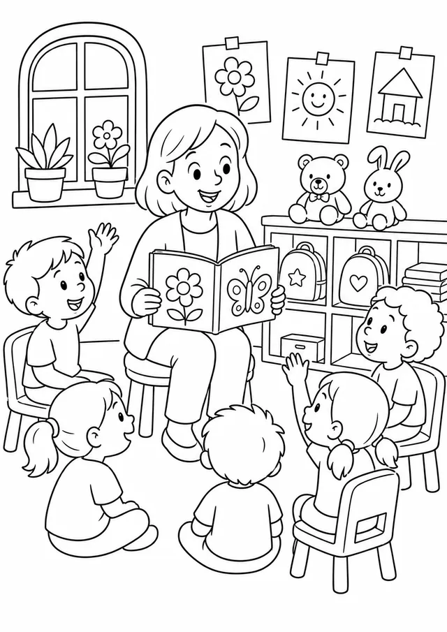 Die Kindergärtnerin leitet den Stuhlkreis in der Kita