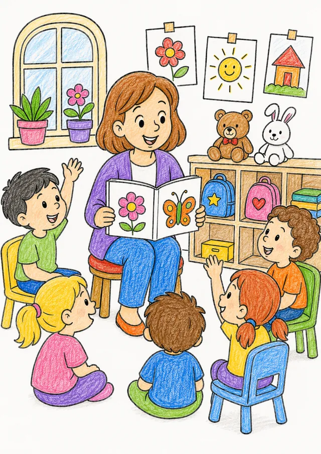 Ausmalbild Kindergärtnerin liest Bilderbuch vor im Stuhlkreis mit kleinen Kindern in der Kita